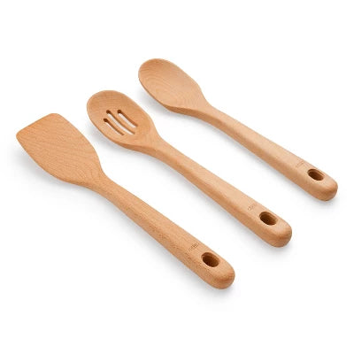OXO 3pc Wooden Utensil Set: Turner, Spoon & Slotted Spoon For Cooking & Kitchen Use, Hand Wash, Adult, Brown