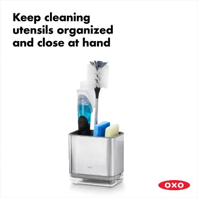 OXO Stainless Steel Sink Caddy: Kitchen Sponge & Dish Brush Holder, Light Silver, Hand Wash, 5.6″ Width, 5.5″ Height