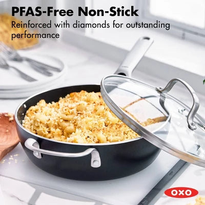 OXO Agility Series 3 Qt” Ceramic Nonstick Aluminum Chef’s Pan With Lid And Helper Handle Black: Dishwasher-Safe, Induction Compatible
