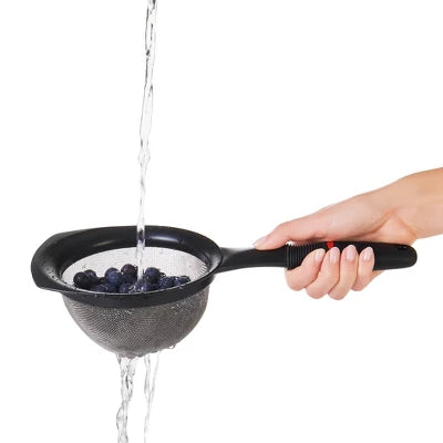 OXO 6″ Strainer: Stainless Steel Mesh For Tea, Baking, Rice, Dishwasher-Safe, Black Handle