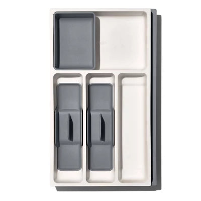 OXO Expandable Utensil Drawer Organizer: Gray Kitchen Storage, Hand Wash, TPE & Polypropylene, 16.35″ Depth, 9.91″ Width