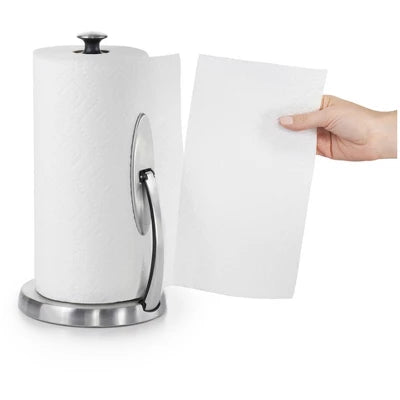 OXO Simply Tear Paper Towel Holder: Freestanding Black Kitchen Roll Holder, Stainless Steel & Rubber, 13.25″ Height