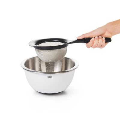 OXO 6″ Strainer: Stainless Steel Mesh For Tea, Baking, Rice, Dishwasher-Safe, Black Handle