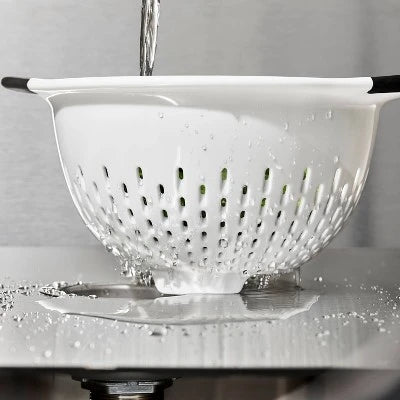 OXO Softworks Colander With Black Handles: 3 Qt White Plastic Strainer, Dishwasher-Safe Kitchen Drainer