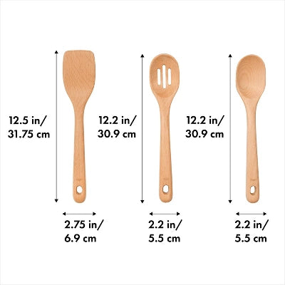 OXO 3pc Wooden Utensil Set: Turner, Spoon & Slotted Spoon For Cooking & Kitchen Use, Hand Wash, Adult, Brown