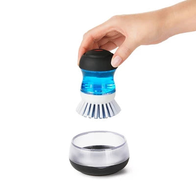 OXO Soap Dispensing Palm Brush Storage Set: Nylon Scrub Brush For Multi-Surface Dish Cleaning, Reusable, Black