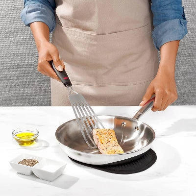 OXO Fish Turner 13.65″x3.5″: Stainless Steel Slotted Cooking Spatula, Dishwasher-Safe, Black Handle