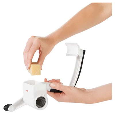 OXO Rotary Cheese Grater: Stainless Steel & Plastic, Handheld, Soft-Grip Handle, Dishwasher-Safe, Best Cheese Shredder