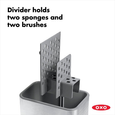 OXO Stainless Steel Sink Caddy: Kitchen Sponge & Dish Brush Holder, Light Silver, Hand Wash, 5.6″ Width, 5.5″ Height